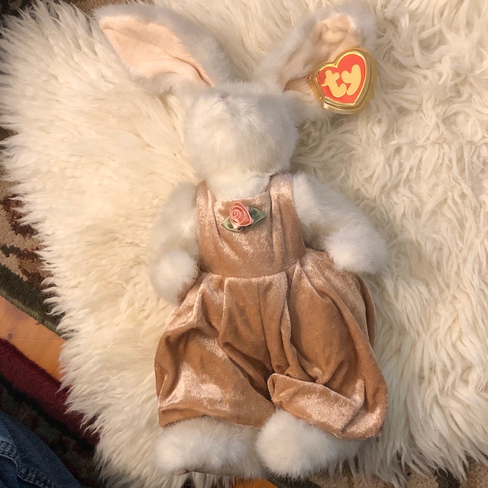 Ty White Plush Bunny in Pink-Gold Velvet Romper with Rose Pin